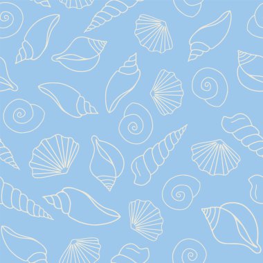 Kusursuz vektör deseni. Beyaz deniz kabuğu ana hatları parlak mavi arka plana atılmış, tekstil duvar kağıdı. Vektör illüstrasyonu