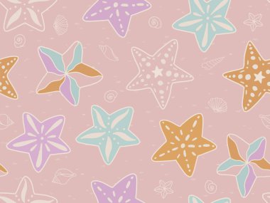 Kusursuz vektör deseni. Pastel renginde denizyıldızı ana hatları sessiz pembe arka plan, tekstil, duvar kağıdı. Vektör illüstrasyonu