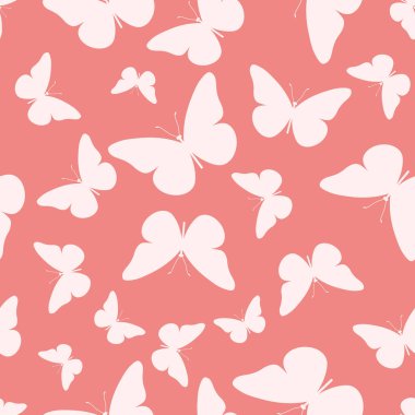 Pembe üzerine beyaz, zarif kelebek siluetleri olan kusursuz bir vektör deseni. Vektör illüstrasyonu