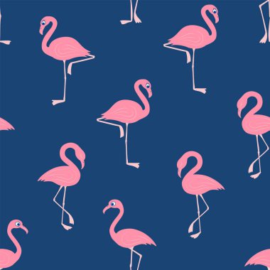 Tropikal mavi arka planda pembe flamingonun kusursuz vektör deseni. Vektör illüstrasyonu