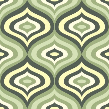 Yüzyılın ortalarında yeşil kireç ve adaçayı yeşilinde pürüzsüz bir ogee vektörü deseni vardı. geçmiş, tekstil, ambalaj. Vektör illüstrasyonu