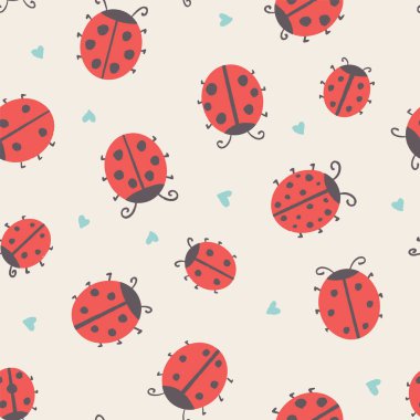 Kırmızı uğur böcekleri olan kusursuz vektör desenli krem beyaz arka plan, çocuk tekstili. Vektör illüstrasyonu