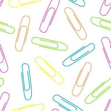 Beyaz arka planda parlak renkli ataçları olan kusursuz vektör deseni, kumaş, defter. Vektör illüstrasyonu