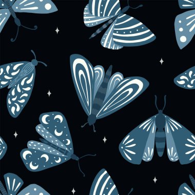 Elegant celestial seamless pattern with herbs. Boho magic background with space elements stars, butterflies. Design for card, fabric, print, greeting, cloth, poster, clothes, textile. Vector clipart