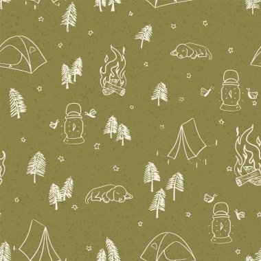 Kamp ve karalama elementleriyle kusursuz vektör deseni. Kamp kusursuz desen tasarımı. Vektör illüstrasyonu