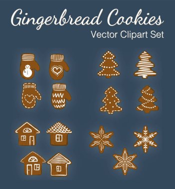 Christmas Gingerbread Cookies with icing Vector Clipart Set snowflake house pine tree mitten cookie. Vector illustration clipart