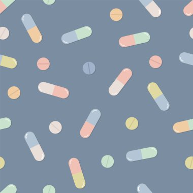 Tıbbi vektör kusursuz desen. Kapsüllü renkli haplar mavi arka plana atılır. Vektör illüstrasyonu