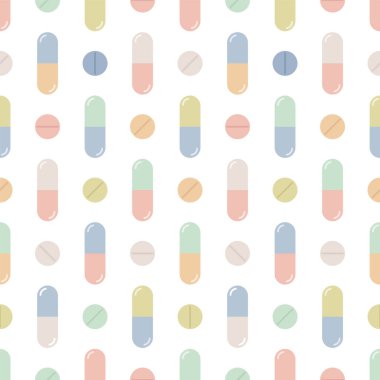 Tıbbi vektör kusursuz desen. Dikey çizgili renkli kapsüller. Vektör illüstrasyonu