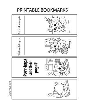 Şirin basılabilir renkler, kitap ayracı, kedi yavruları, ilkokul aktiviteleri. Vektör illüstrasyonu