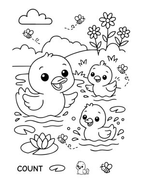 Renkli ve sayım görevi olan anaokulu için havuz boyama sayfası basılabilir çalışma kağıdındaki şirin ördekler. Vektör illüstrasyonu