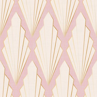 Art deco kusursuz vektör deseni. Pastel pembe ve keten desenli tekrar eden altın kaplama. Vektör illüstrasyonu