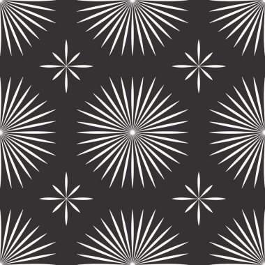 Kömür zemininde büyük ve küçük yıldız motifleri olan, tekstil, duvar kağıtları ya da hediye paketi için ideal, geri dönüşümlü radyal patlama deseni..
