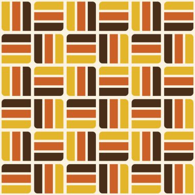 Sarı turuncu kahverengi karo şebeke düzeninde kıvrımlı modüler blokları olan geriye dönük, pürüzsüz vektör deseni. Vektör illüstrasyonu