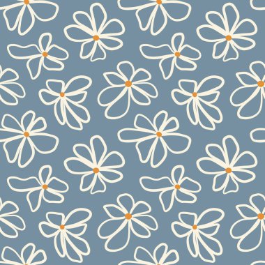 Oyuncu papatyalı, dikişsiz vektör desenli, el yapımı çiçekler ve turuncu merkezli mavi arka plan. Vektör illüstrasyonu