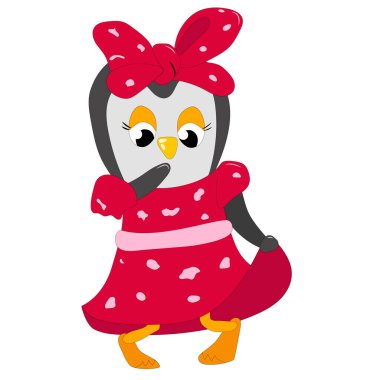 A cute cartoon penguin in a red dress and bow playfully posing with a finger on its beak in a whimsical style . High quality photo clipart