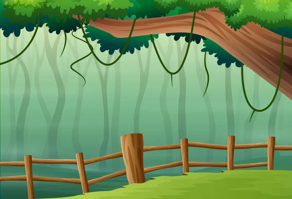 木と柵で描いた自然景観のイラスト — ストックベクタ