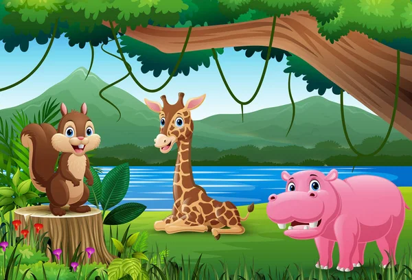 Illustration Dessin Animé Animal Sauvage Dans Jungle — Image vectorielle