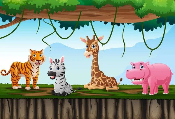 Illustration Animaux Sauvages Bande Dessinée Dans Jungle — Image vectorielle
