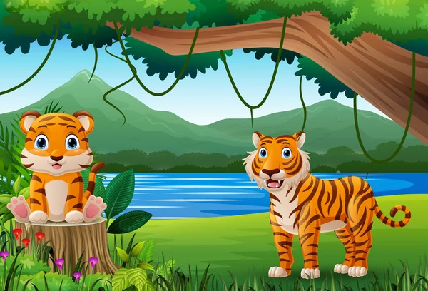 Ilustração Dos Desenhos Animados Mãe Tigre Criança Selva —  Vetores de Stock