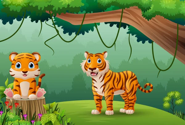 Ilustración Vectorial Tigres Dibujos Animados Selva — Vector de stock