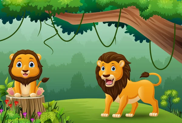 Vektorillustration Von Cartoon Löwen Dschungel — Stockvektor