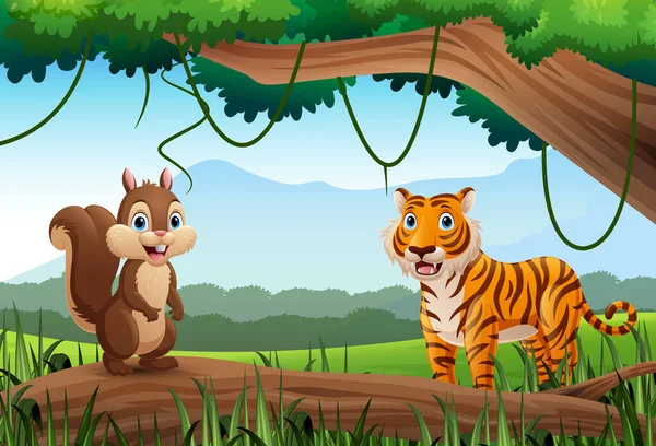 Ilustración Vectorial Tigre Dibujos Animados Ardilla Selva — Vector de stock