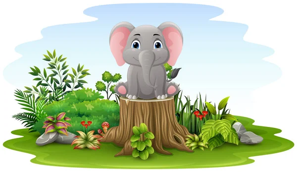 Vektor Illustration Tecknad Liten Elefant Sitter Träd Stubbe — Stock vektor