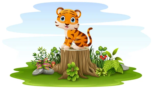 Vektor Illustration Tecknad Liten Tiger Sitter Träd Stubbe — Stock vektor
