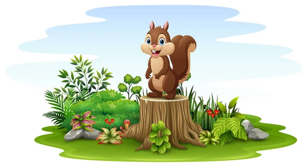Wektor Ilustracja Kreskówki Szczęśliwy Wiewiórka Stojąca Pniu Drzewa — Wektor stockowy
