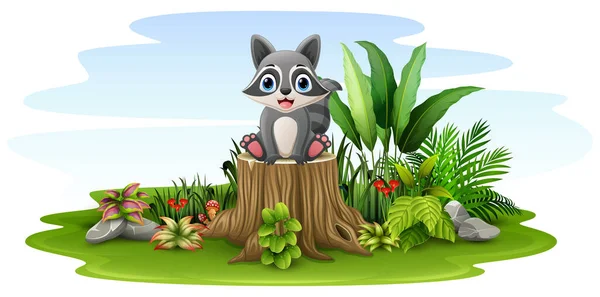 Vector Illustration Cartoon Little Raccoon Sitting Tree Stump — Stock Vector