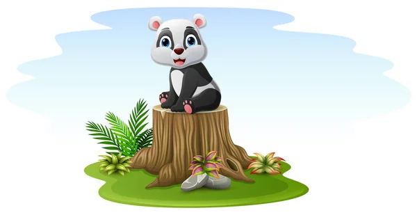 Wektor Ilustracja Kreskówki Dziecko Panda Siedzi Pniu Drzewa — Wektor stockowy