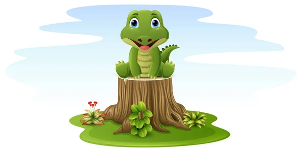 Vektor Illustration Tecknad Baby Krokodil Sitter Träd Stubbe — Stock vektor