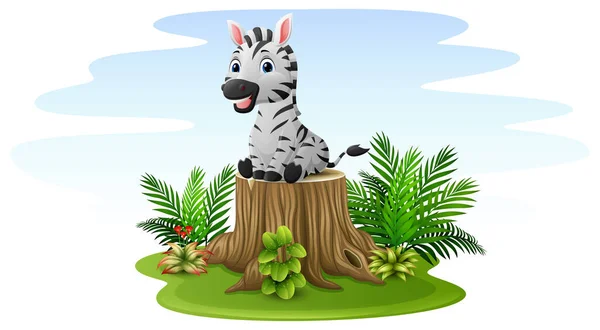 Ilustração Vetorial Zebra Dos Desenhos Animados Sentada Toco Árvore — Vetor de Stock