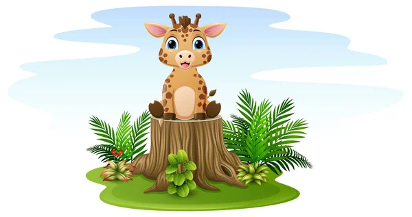 Vector Illustratie Van Cartoon Giraffe Zittend Boomstronk — Stockvector