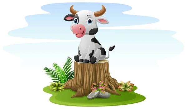 Vektorová Ilustrace Kreslené Krávy Sedící Pařezu Stromu — Stockový vektor