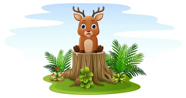 木の切り株に座っている漫画の鹿のベクトルイラスト — ストックベクタ