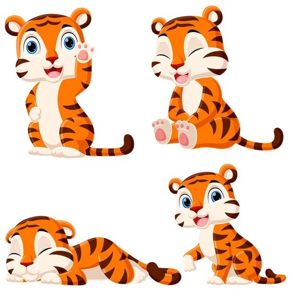 Illustrazione Vettoriale Set Piccolo Cartone Animato Tigre — Vettoriale Stock