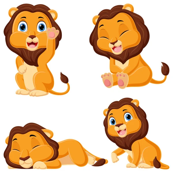 Ilustração Vetorial Conjunto Pequenos Desenhos Animados Leão —  Vetores de Stock