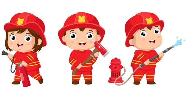 安全ツールとかわいい消防隊漫画のベクトルイラスト — ストックベクタ