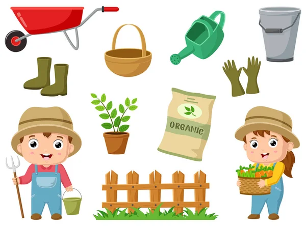 Vector Illustration Set Gardening Cartoon Elements — Stock Vector