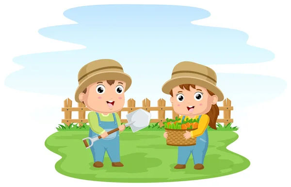 Διάνυσμα Εικονογράφηση Του Χαριτωμένο Αγρότη Αγόρι Και Κορίτσι Κινουμένων Σχεδίων — Διανυσματικό Αρχείο