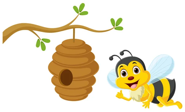 Vektorillustration Der Niedlichen Kleinen Biene Cartoon Mit Bienenstock — Stockvektor