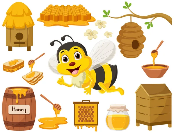 Vector Illustration Cartoon Bee Honey Elements Collection — Stock Vector