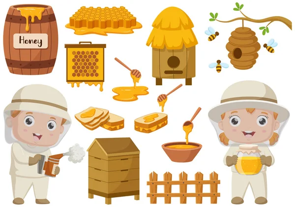 Vector Illustration Cartoon Illustrations Beekeeper Elements Collection — Stock Vector