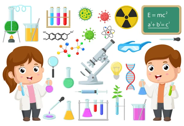 Ilustración Vectorial Lindos Científicos Niñas Niños Con Elementos Equipo Laboratorio — Vector de stock