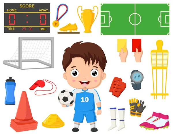 Vector Illustratie Van Leuke Kleine Jongen Cartoon Met Voetbal Spel — Stockvector