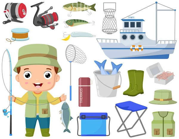Illustrazione Vettoriale Del Cartone Animato Carino Bambino Pesca Con Elementi — Vettoriale Stock