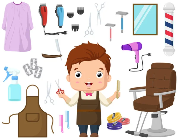 stock vector Vector illustration of Cute little boy cartoon with hairdresser equipment