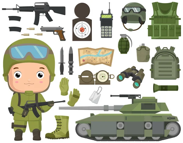 Illustration Vectorielle Dessin Animé Mignon Garçon Soldat Avec Équipement Soldat — Image vectorielle
