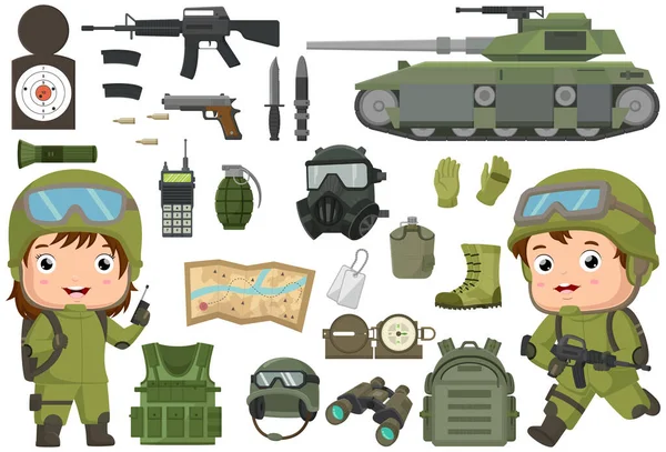 Illustration Vectorielle Dessin Animé Mignon Enfant Soldat Avec Équipement Soldat — Image vectorielle